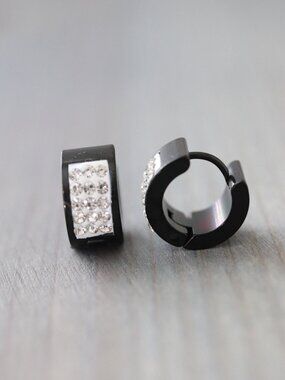 10mm Huggie Hoop with 3Layer Rhinestone Earrings Black Stainless Steel